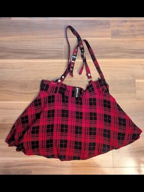 HEARTLESS Red Black Plaid Suspender Skater Skirt Mall Goth Grunge - Medium